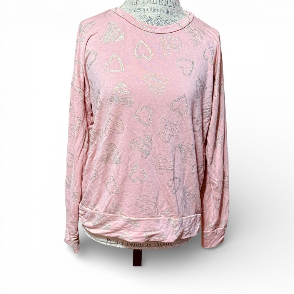 Cupio Pink With Metallic Silver Hearts Patterned Women's Long Sleeve Top Large